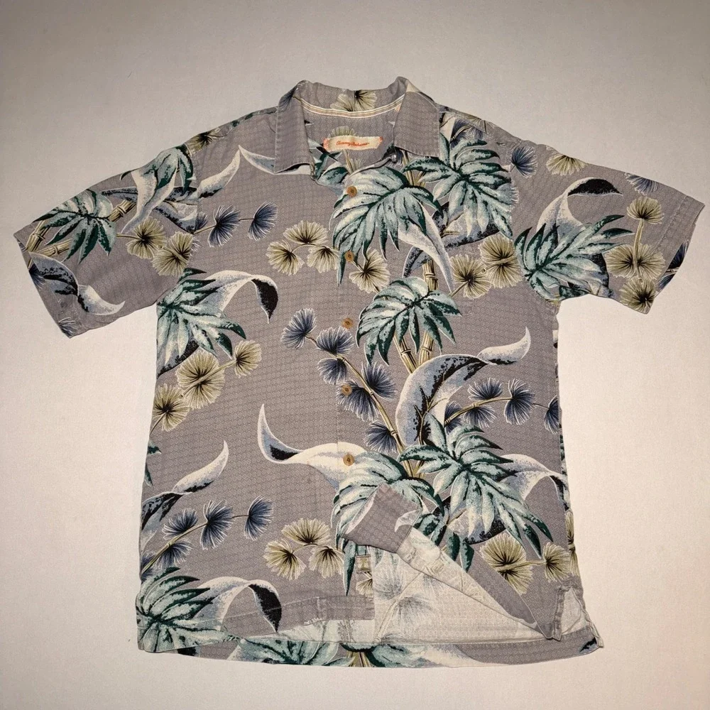 Tommy Bahama Silk Shirt Mens S Grey Jacquard Floral Tropical Hawaiian Camp Aloha